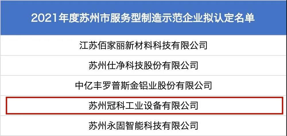 蘇州冠科工業(yè)設(shè)備有限公司獲評為“2021年度蘇州市服務(wù)型制造示范企業(yè)（總集成總承包）”